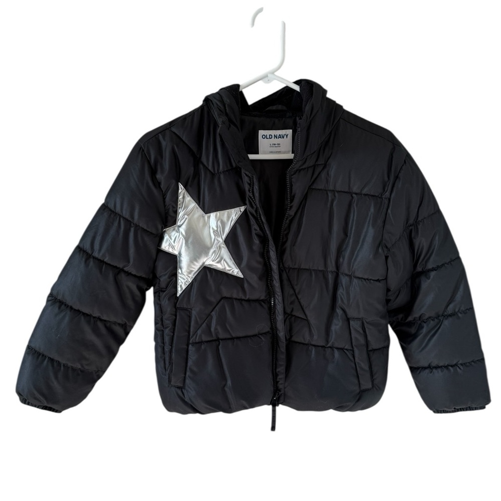 Old Navy Black Puffer Jacket Hooded Coat size 10-12 Girls zip up